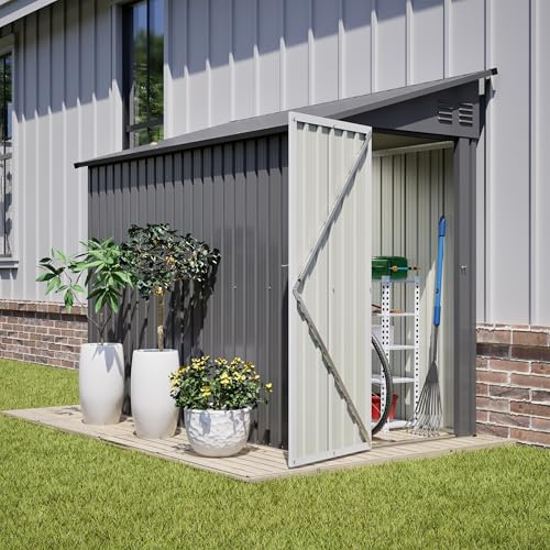242 x 124 x 192 cm Metall-Gartenschuppen mit Schrägdach, abschließbarer Tür und 2 Lüftungsöffnungen, Einfache Montage für Werkzeugaufbewahrung im Garten, Hinterhof Terrasse, Grau