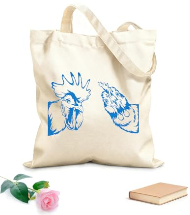 XIARON Einkaufstaschen aus Polyester-Baumwolle Geflügel Lustiges Zuhause Vögel Metzgerei Henne und Hahn 340g/m² dickes Gewebe Wiederverwendbar M Blau