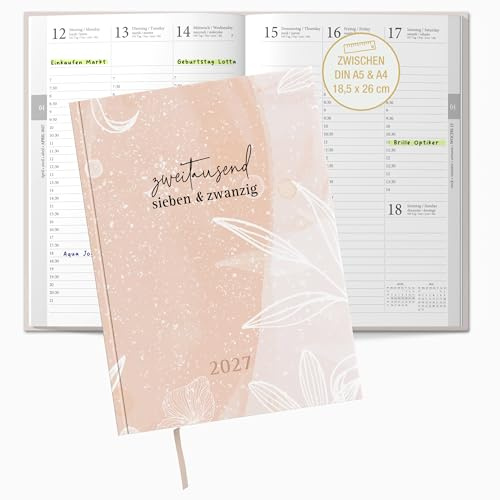 TOBJA® Buchkalender 2027 OptiPlaner Rosé - Aquarell-Design altrosa, 30-Min-Taktung 7-21 Uhr, Wochenplaner zwischen A5 & A4 (18,5x26 cm), FSC, 4-sprachig | Terminplaner 2027 Frauen