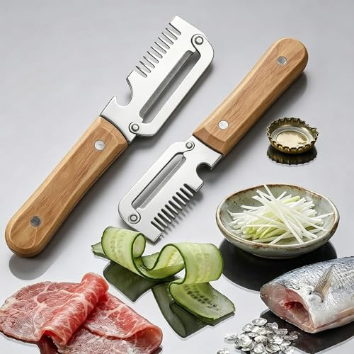 Set 2 Pelapatate Multifunzione,Pelatore da Cucina Multifunzionale,Inossidabile con Manico in Legno Ergonomico,Sbucciatore Affettatore con Apribottiglie per Frutta Verdure (C)