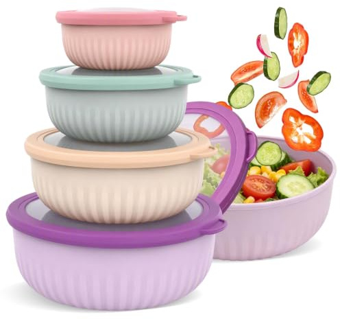 Focenat Juego de 4 Cuencos para Mezclar con Tapa, Ensaladeras de Plástico Sin BPA, Apilables y Anidables, Bol para Mezclar Apto para Microondas y Lavavajillas, Multiusos para Cocina y Almacenamiento