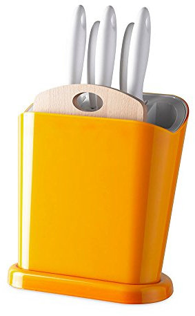 Omada Design Ceppo portacoltelli multifunzione con 5 coltelli in acciaio inox e tagliere in legno INCLUSI, linea Trendy, Giallo