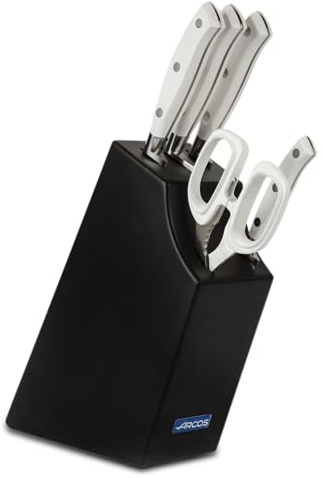 Arcos Serie Riviera Blanc - Juego de Cuchillos de 5 piezas en Caja de Regalo (4 Cuchillos + 1 Tijeras) - Hoja de Acero Inoxidable Forjado NITRUM - Mango de Polioximetileno (POM) - Bloque de madera de color negro lacado