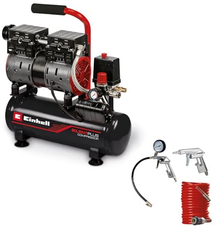 Einhell Kompressor TE-AC 6 Silent (550 W, max. 8 bar, 110 L/min Ansaugleistung, öl- und servicefreier Motor, 6 l-Tank, Manometer, Schnellkupplung, Sicherheitsventil, inkl. Einhell Druckluftset 3-tlg.)