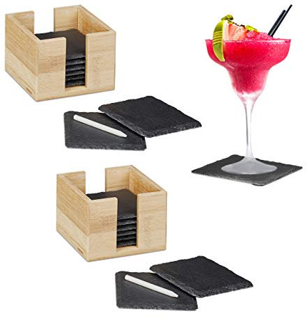 Relaxdays 16 x Schiefer Untersetzer im Set, Glasuntersetzer mit 2 x Bambusbox, Kreide zum Beschriften, eckig, 10x10 cm, Natur