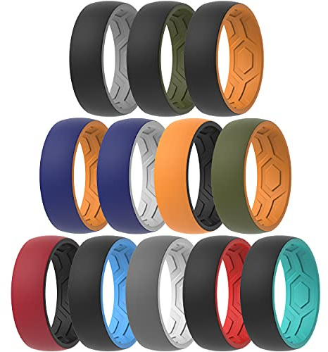 ThunderFit Silicone Wedding Rings for Men, 2 Layers Top Design Bands 8.5mm Wide 2.5mm Thick - 1/4/8/12 Variety Multipack