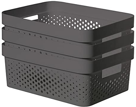 CURVER Infinity Dots Set of 3 Storage Baskets, 100% Recycled Plastic, Multi-Functional & Easy to Carry, 11 Litres, Grey