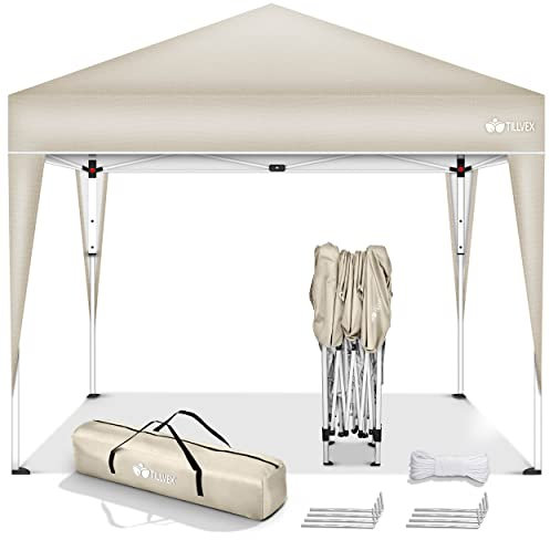 tillvex Pavillon 3x3m wasserdicht + 4er Set Sandsäcke | Pop-Up Faltpavillon stabil & höhenverstellbar | Gartenzelt UV Schutz 50+ | Partyzelt mit Tasche für Garten (Beige)