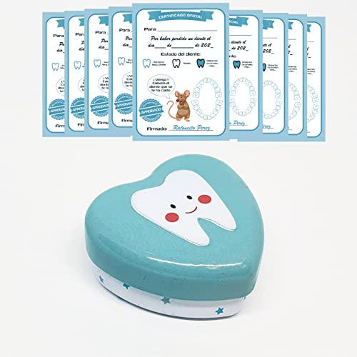 Myfuturshop® Caja dientes de leche + Cartas ratoncito Pérez. Una caja guarda dientes + 10 Certificados de diente limpio. Regalo original para niño y niña. (AZUL)