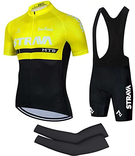 FFFF & OLFEH Conjunto Ciclismo Hombre, Traje Ciclismo Hombre Verano Manga Corta y Pantalones Cortos Acolchados, Gel 3D Ropa Ciclismo Transpirable Secado rápido + Manga de protección Solar (L,PM4)
