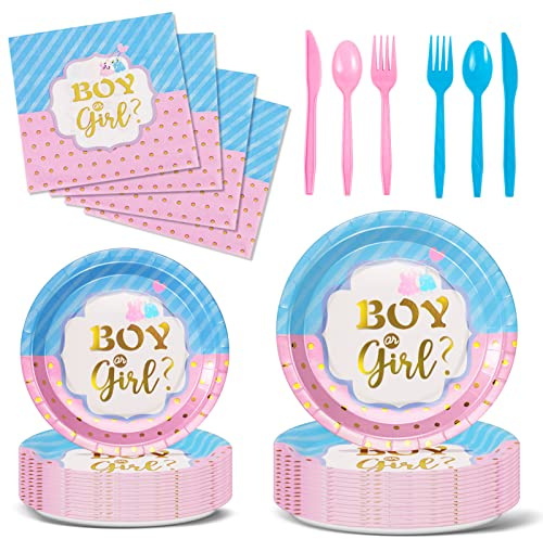 Nkaiso Partygeschirr 144 Stück Blau und Rosa Party Gender Reveal Supplies Party Deko Zubehör Set für Baby Dusche Teller Servietten Wiederverwendbar Geschirr - 24 Gäste