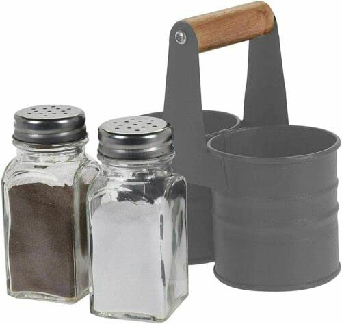 EliteKoopers Salt and Pepper Shakers Set Of 2 Glass Pots Cruet Jars with Metal Tin Storage Holder