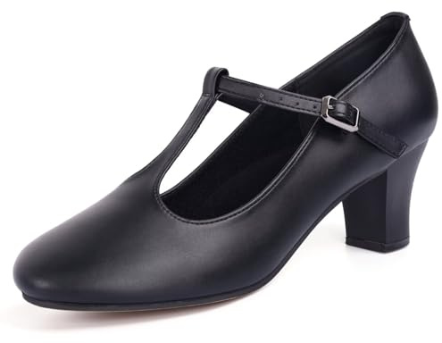 ARCLIBER Black Character Shoes for Women PU Leather T Strap 2.3 Dance Heels for Ballroom Salsa Tango-8