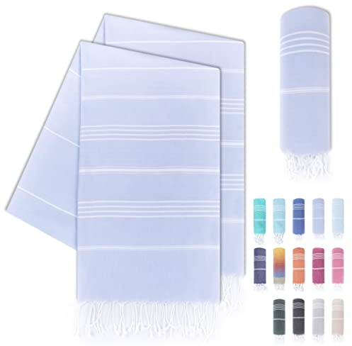 LAYNENBURG Set di 2 telo mare premium con frange annodate a mano - 100% cotone Telo fouta hammam XXL 100x200 cm - OEKO-TEX 100 - telo hamam grande - asciugamano sauna e pestemal (Azzurro)