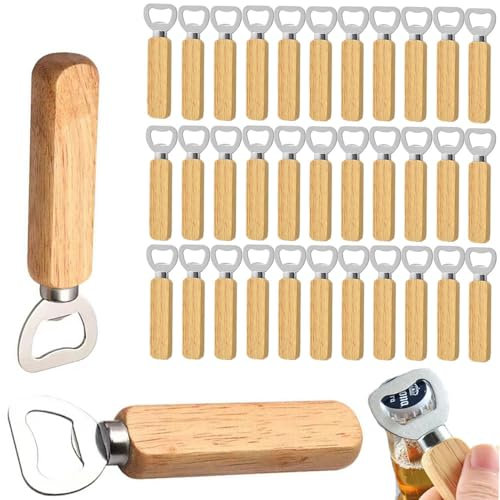 MTOMDY Abridor de botellas de vino de madera, abrebotellas de cerveza, sidra, abridor de botellas de refrescos para el hogar, bar, restaurante, recuerdos de boda, mango de madera de mano (juego de 35)