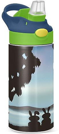 KAAVIYO Rabbit Love Moon Water Bottle Stainless Steel Insulated Vacuum Flask Leak Proof with Straw Brush Cup 350ML for Boys Girls Kids