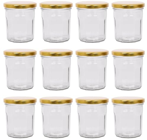 Argon Tableware Glass Jam Jars with Airtight Gold Lids - 250ml - Pack of 12 - Empty Screw Top Kitchen Storage Jar for Food, Honey, Spice, Pickling, Preserving, Candle Making