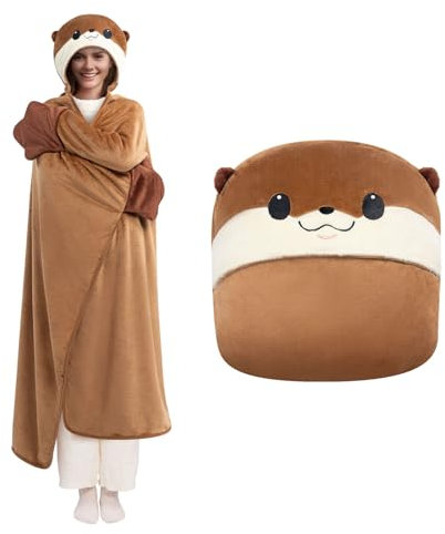 Mewaii Oversized Wearable Blanket Hoodie – Kawaii Otter Hooded Cloak, Soft Plush Flannel Blanket Hoodie, Unisex Cozy Blanket for Kids, Women, Men,Great Gift for Christmas & Birthdays (51.2x62.2)