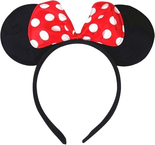 ANZEE Mickey Mouse & Minnie Mouse Ears Black on Alice Band with Red and White Polkadot Spotted Bow Spotted for Adults/Children Head Band Accessory Gift Fancy Dress Costume (Red Polkadot 1 Piece)
