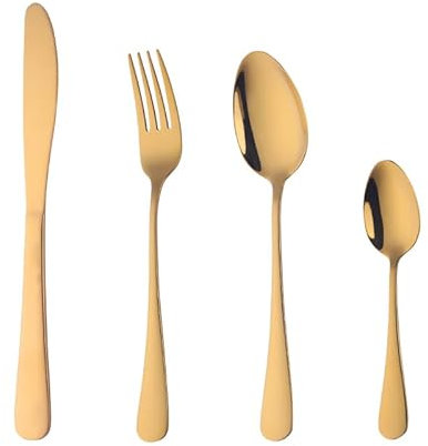 Buyer Star 16 teiliges Besteck Set, wiederverwendbares Silberbesteck aus rostfreiem Stahl, 4er Set, für den Küchentisch im Esszimmer(Gold)