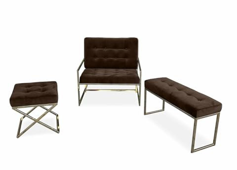 Meble Ares Praktische Wohnzimmermöbel-Set Europa 2 - Funktionelle Bank - Stilvoller Sitzhocker - Bequemer Sessel - Kompaktes Lounge-Set - Auf Metallbeinen - Goldrahmen, Velours Braun