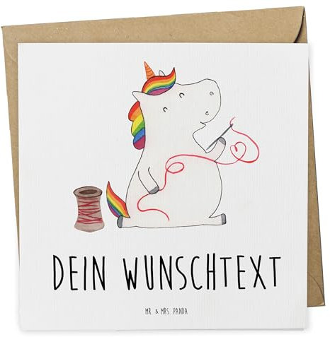 Mr. & Mrs. Panda Personalisierte Deluxe Karte Einhorn Näherin - Geschenke, Häkeln, Geburtstagskarte, Grußkarte Selbst Gestalten, Freundin, Einhörner, Unicorn, Hochzeitskarte, Stricken, Basteln