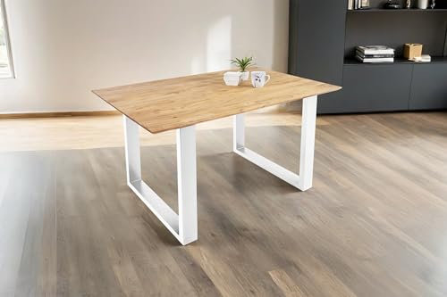 SAM Esstisch 120 x 80 cm Dean, Massivholztisch Eiche, Schweizer Kante, Esszimmertisch mit U-Gestell aus Metall Weiß, pflegeleichter Holztisch