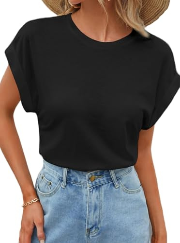Sofia's Choice Damen Flügelärmeln Tank Top Gerollte Ärmel Crop T Shirt Rundhals Basic Oberteil Schwarz L