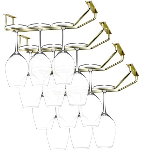 RedDreamer 10.8 Inch Gold Wine Glass Rack, Under Cabinet Wine Glass Holder Stainless Steel Stemware Rack - Hanging Stemware Holder for Cabinet Kitchen Bar, Set of 4