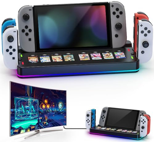 Tendak Switch Docking Station, TV Dock Station für Nintendo Switch/Switch OLED, LED Ladestation für JoyCon, Switch Controller Ladestation mit 8 Switch Spiele Aufbewahrung