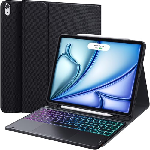 CHESONA Tastatur Hülle für iPad Air 13 Zoll (M2,2024/M3,2025), 3-Zonen 7-Farben Beleuchtung, iPad Air 13 Tastatur mit Trackpad, 2 BT Kanäle, Abnehmbare Magnetische Deutsche QWERTZ Layout, Schwarz