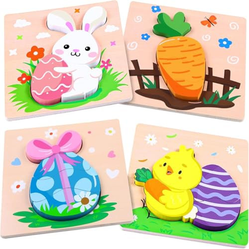 DTYDECLE 4 Stück Holzpuzzle für Kleinkinder Ostern, Holzpuzzle Montessori Spielzeug Lernendes Pädagogisches Hase Huhn Karotte Eier Kleinkind Lernspielzeug für Baby Kinder Ostern Geschenk