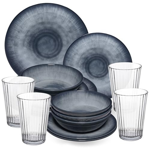 Melamin Geschirr Set Jesolo Grau für 4 Personen - 16 Teile - mit klarem Trinkglas 580ml - aus Acryl Steingutoptik Spülmaschinengeeignet Campingzubehör Campinggeschirr Wohnwagen Camping Festival