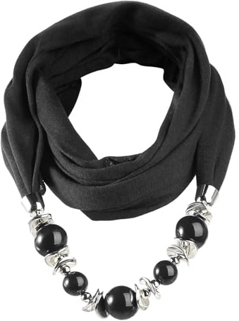 ITODA Womens Ring Scarf Charm Ethnic Style Bead Scarves Necklace Pendant Scarf for Ladies Girls(Black)