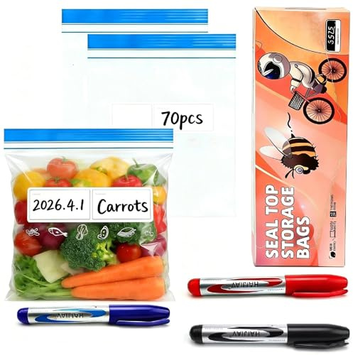 TIANLIN 70 Sacchetti Freezer Riutilizzabili, 3 Misure (0,7L, 1,1L, 4L) Sacchetti Alimenti con 3 Pennarelli Colorati, Sacchetti Plastica Richiudibili per Frutta, Verdura, Carne e Snack