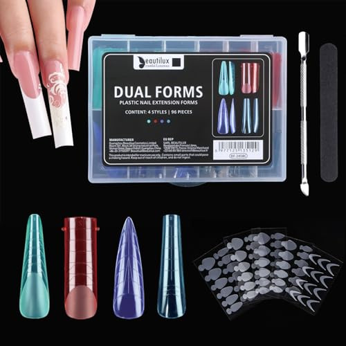 Beautilux 96 Pièces Formes d'Ongles Doubles pour Acrygel Ongle, 12 Tailles, 4 Formes, PMMA Dual Nails Form avec 60 Film à Ongles Autocollants pour Acrygel (DF-2458C)