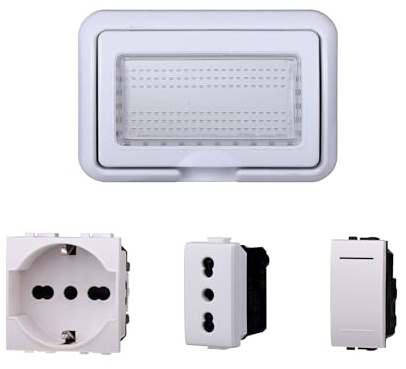 Kit Placca Scatola 504 IP55, 4 Moduli Presa Schuko + Bipasso + Interruttore, Compatibile Con Bticino Living, Colore Bianco, Placca Stagna Idrobox Incasso Da Esterno