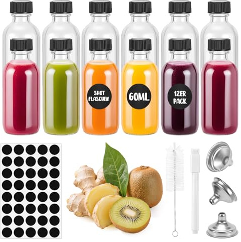 Botellitas Pequeñas para Rellenar 60 ml, 12 Botellas de Cristal para Shots | 12 botecitos de cristal pequeños de 60 ml, con tapas herméticas, 3 embudos, 40 etiquetas, bolígrafo y cepillo de limpieza