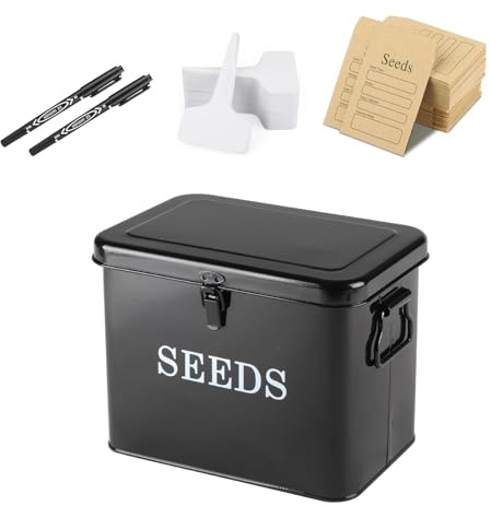 Xbopetda Seed Storage Box Organiser, Metal Garden Seed Tin with Side Handles and Lid, 3 Compartments & Safety Lock Seed Packet Container Seed Storage Container, Gardening Gifts for Gardeners (Black)