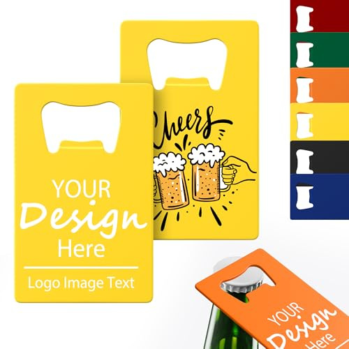 4-100 apribottiglie personalizzati, apribottiglie in acciaio inox con carta di credito, stampa a colori per 6 colori, progetta il tuo logo di testo per bar, matrimoni, anniversari, feste (giallo)