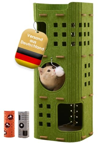 PawLis Original Kratztonne für Katzen – platzsparendes Katzenmöbel mit 4 Etagen & 3 Höhlen, ideal für mehrere Katzen, Moderne Kratzbaum Alternative aus Filz & Holz (90 cm)