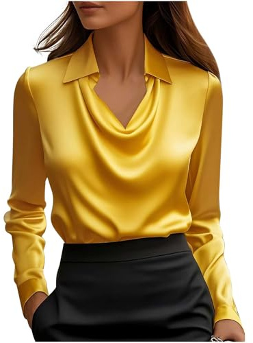 KODMNSW Blusen Damen Satin Bluse Elegante Oberteile Langarm Shirts Festliche Blusen Elegant Seidig Shirt Hemdbluse Arbeitshemd Seiden Business Blusenshirt Langarmshirt Gelb XL