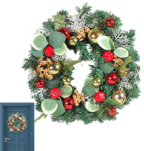 Coronas navideñas artificiales - Decoraciones artificiales de corona de Navidad - Coronas decorativas de agujas de pino de 11,8 pulgadas con bolas de Navidad para porche de puerta interior al aire lib