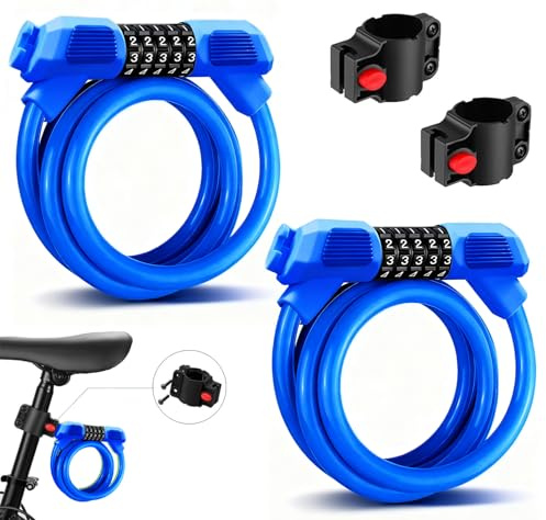 (2 Pack) Fenxyo Candado de Bicicleta, Candado de Cable de Alta Seguridad para Bicicleta 120cm/12mm, cadenas de combinación impermeables ajustables de 5 dígitos para bicicleta, moto, puerta, Azul