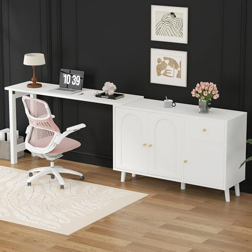 Ligterra Escritorio plegable, escritorio con cajones, escritorio de esquina en forma de L, tocadores, cómoda 2-en-1 y giratorio 360°, 3 puertas 1 cajón, 120×40×74.5cm (Blanco)