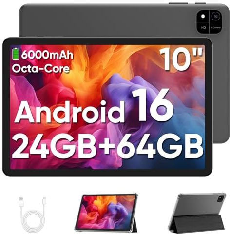TUOHAITIME Android 16 Tablet 10 Zoll,24GB RAM+64GB ROM 2TB erweiterbar Tablet,Bildschirmauflösung 1280p,Unisoc T606 Octa-Core Prozessor,WiFi 6/Dual-Kamera/Face ID/GPS/6000mAh Akku (Schwarz)