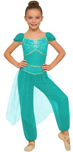 Mufeng Arabiska prinsessan flickor kostym paljetter mage dans jumpsuit tyll kostym halloween saga turkos 13–14 år
