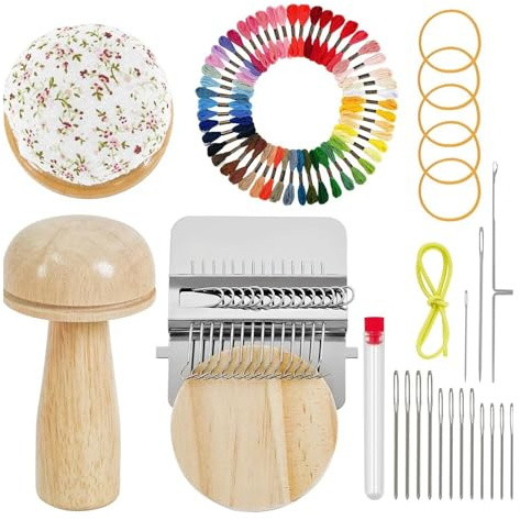 Mini Darning Loom - Mushroom Knit Patch Kit with Small Weaving Loom, 14 Hooks, 14 Pcs Large Eye Needles and 50 Color Threads, Handcraft DIY Kit for Beginners Mending Jeans Socks C