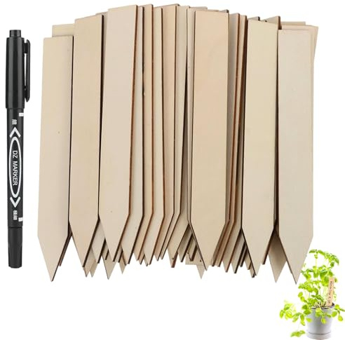 DAQUN 50 Pcs Wooden Plant Labels, Plant Markers & Labels Wood, Garden Name Tags with 1 Marker Pen for Outdoor Plants Garden Markers for Potted Herbs Flowers Vegetables
