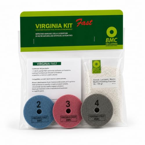 BMC VIRGINIA FAST kit per lucidare a mano il marmo con tamponi diamantati in 3 diverse grane per levigare medio,fine e lucidare marmi e pietre calcaree con polvere lucidante